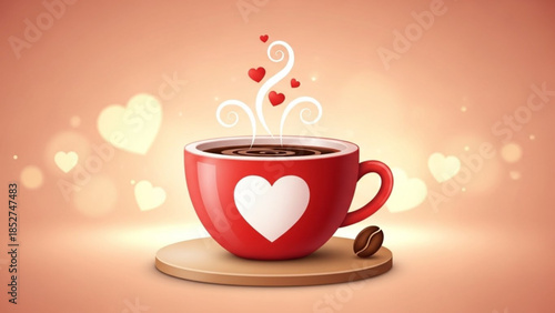 A red coffee cup with a white heart on a wooden coaster surrounded by heart shaped steam and coffee beans on a peach background