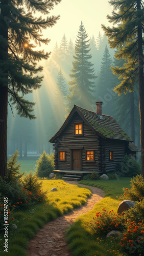 Warm snow covered cabin among pine trees in green tones with morning fog and sunlight, fairytale countryside atmosphere