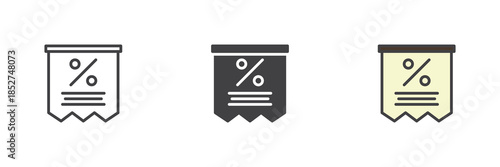 Discount receipt line, solid and colorful icon set pack
