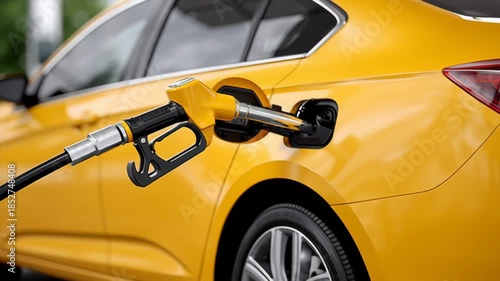 A yellow car is being filled with gas. The car is parked at a gas station