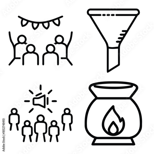 Group of People Celebrating Under Bunting, Industrial Filter Funnel, Public Announcement with Megaphone, and Burning Oil Lamp Outline Icons Set