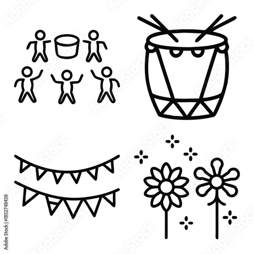 Group of Happy People Dancing, Traditional Drum with Sticks, Festive Bunting Flags, and Garden Flowers Outline Icons Set