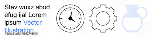 Time management, efficiency, mechanical processes, task organization, productivity, industrial concepts. Circular clock with gear and faint pitcher outline. Time management and efficiency