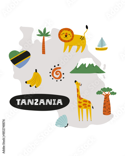 Tanzania Illustrated Map with African Wildlife Symbols. Cute Travel Vector Illustration for Prints, Posters