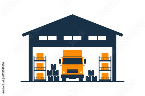 Illustration of a warehouse with a delivery truck