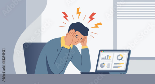 Office Stress Illustration of Man Experiencing Headache at Work