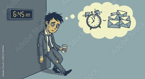 Man Walking Late with Stress Icons Illustrating Work-Life Imbalance