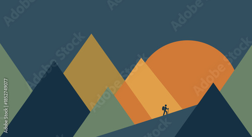 Minimal Mountain Sunset Landscape Illustration with Lone Hiker