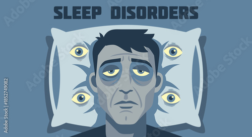 Sleep Disorders Illustration Showing Exhausted Man in Bed