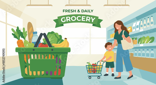 Grocery Shopping Illustration with Mother and Child Buying Healthy Food