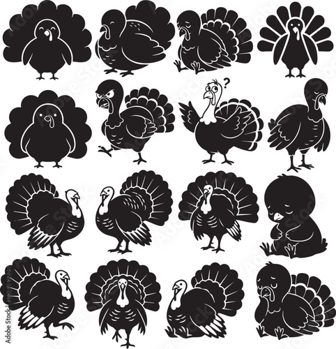 Collection of turkey bird silhouettes and cartoon icons for Thanksgiving and harvest designs