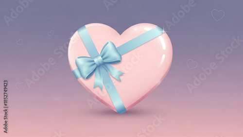 Pastel pink heart shaped gift box with blue ribbon and bow on purple background for valentines day