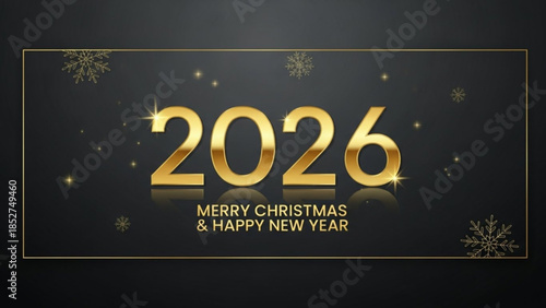 Golden 2026 merry christmas and happy new year greeting card with snowflakes on dark background