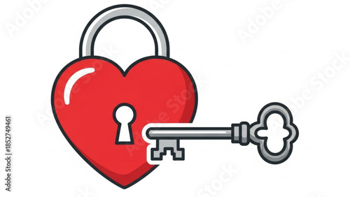 A red heart shaped padlock with a silver key inserted into the keyhole on a white background, symbolizing love and security