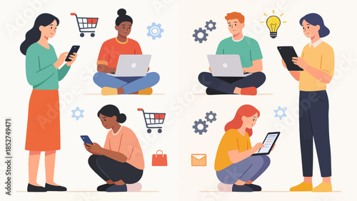 People using devices for various activities