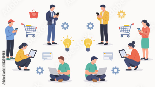 People using devices and shopping online