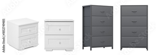 high-quality photograph of various modern chest of drawers and storage cabinets, suitable for interior design concepts, isolated on white.