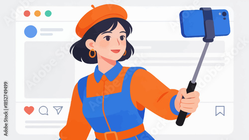 Woman taking selfie with stick