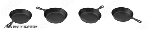 a realistic photographic collage of several cast iron frying pans displayed from various top-down angles on black.