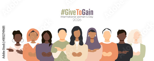 International Women's Day 2026 banner. #GiveToGain