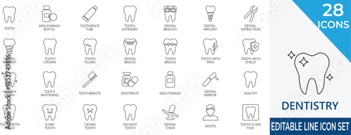 Clean, modern stroke icons representing dental care tools, treatments, and services. Perfect for clinics,  teeth, websites, and dental branding projects.