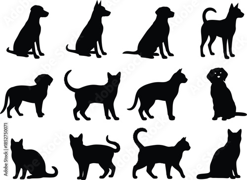 Collection of various dog breeds in silhouette profiles and poses