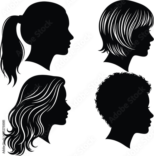 Four diverse human head silhouettes with different hairstyles in profile view