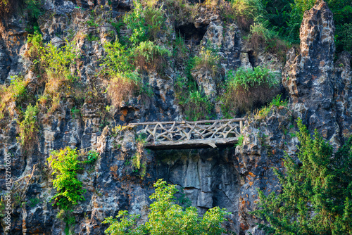 Wooden footbridge in the hill of the Buttes-Chaumont park. 19th arrondissement of Paris city
