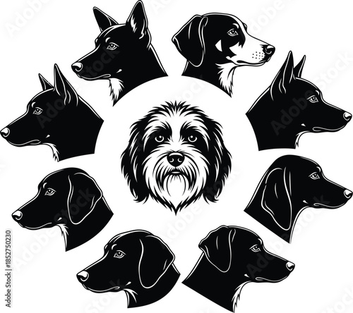 Black and white illustration of various dog breeds in a circular pattern