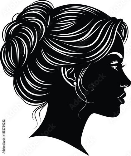 Black and white illustration of a woman s side profile with curly hair