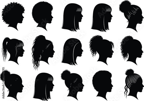 Collection of diverse black silhouettes of women s hairstyles and heads in profile