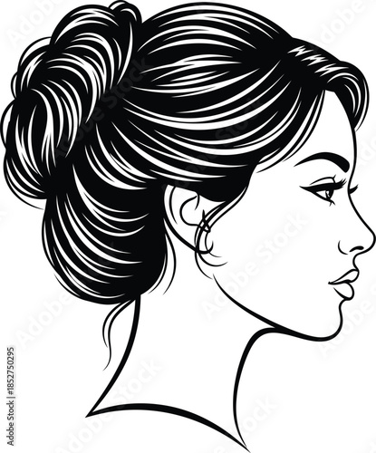 Black and white illustration of a woman with her hair styled in a messy bun from the side profile