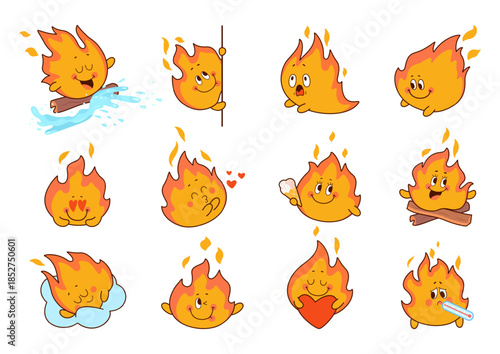 Cute fire characters. Sticker flames, cartoon funny fires in love, hold heart, send air kiss. Childish emotional mascots, sleeping, swimming, nowaday vector set