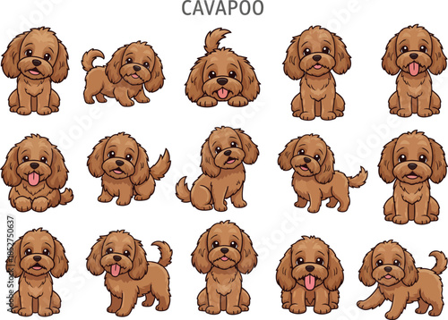 Collection of cute brown puppy dog illustrations in various poses and expressions