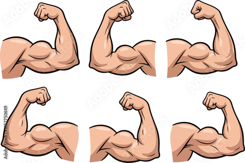 Six different angles of a muscular arm flexing bicep muscles in various positions