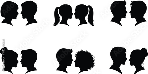Eight black silhouette profiles of people facing each other in pairs on white background