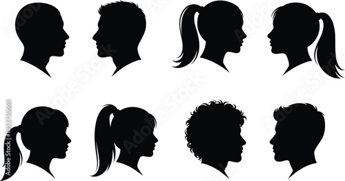 Diverse group of seven black silhouettes of people s heads in profile