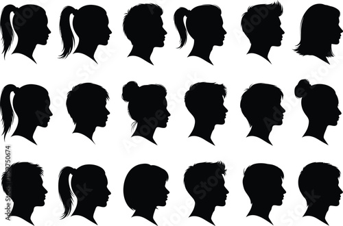 Collection of black silhouettes of women s heads in profile with various hairstyles