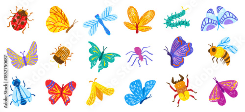 Chalk drawing insects. Children style drawn butterfly, bug, bee, ladybug and dragonfly. Colored pencil or crayon sketch insect, seasonal characters neoteric vector set
