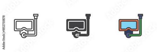 Diving mask line, solid and colorful icon set pack