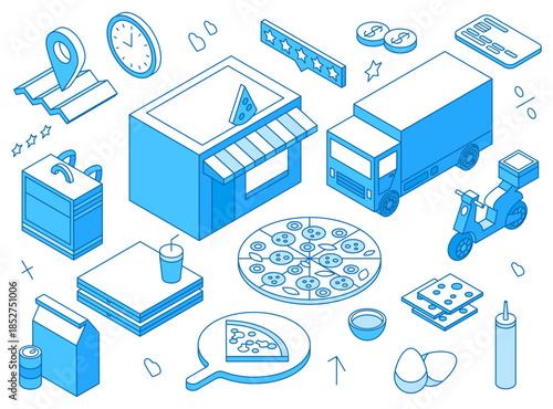 Isometric pizza order online. Pizzeria delivery line concept. Food, truck and bike, pizzas box, map with point. Italian cafe building, ordering and delivering nifty vector scene
