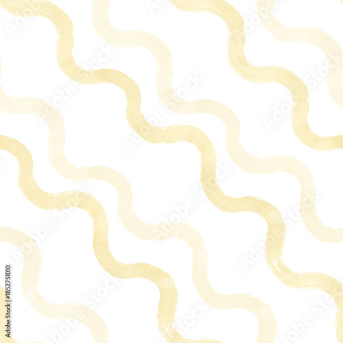 Abstract wavy seamless pattern with pastel yellow lines on white. Hand drawn stripes and brush stroke watercolor repeat background. Simple minimalist clip art for fabrics and textiles