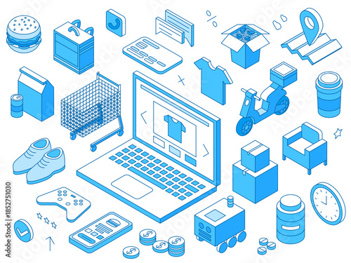 Isometric smart online shopping. Basket, laptop, smartphone, delivery service pack transport and map. Different items and food, parcels, nifty vector concept