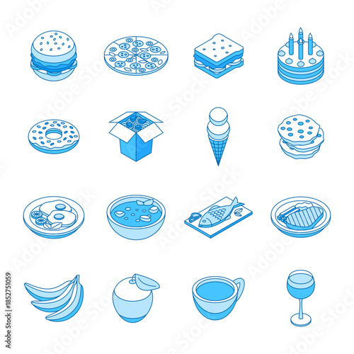Isometric food outline icons. Sandwich, pizza, burger and take away asian noodles. Ice cream and fish, soup and breakfast fried eggs, meat steak, nifty vector clipart
