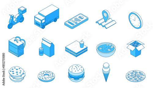 Isometric food delivery icons. Delivery man equipment, cooling bag, smartphone with orders, bike and mini truck. Meal packs, pizza box, noodles, nifty vector set