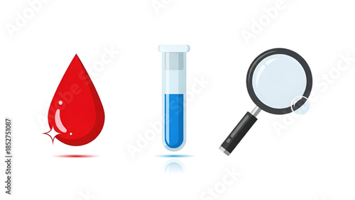 Blood Sample Analysis with Magnifying Glass in Simple Flat Design for Medical Illustration