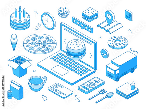 Isometric food order online. Delivery meals to home or office. Ordering burger, pizza, asian noodles or sandwich. Fast breakfast or dinner, tasty meals, nifty vector concept