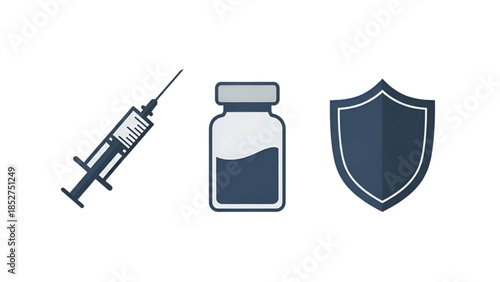 Vaccine and Shield Icons in Simple Flat Design with Blue Color Scheme for Healthcare