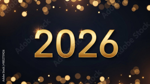 Golden 2026 text with sparkling bokeh lights on dark background, festive new year's eve concept with futuristic date