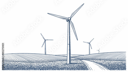 Graphic illustration of a wind farm landscape with multiple turbines generating clean, renewable energy across expansive fields, symbolizing sustainable technology and ecological progress